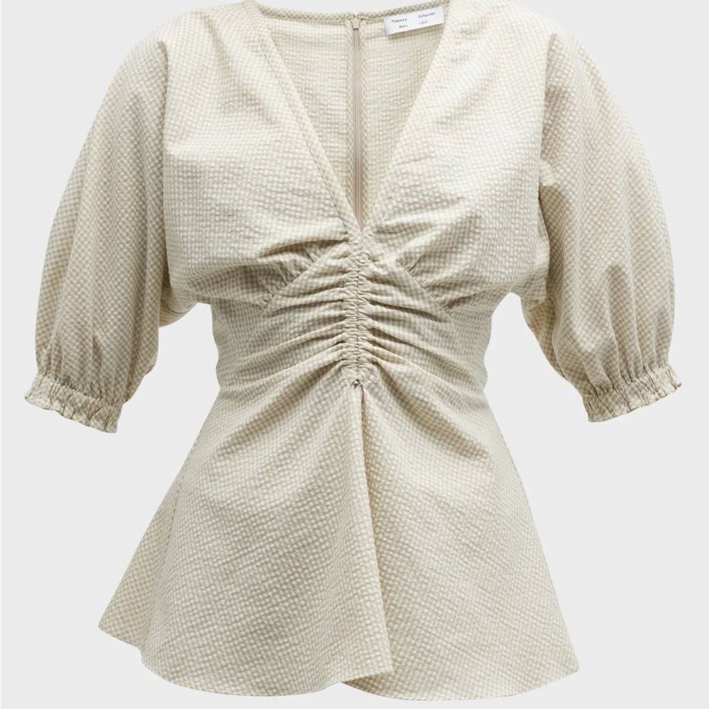 Proenza Schouler White Label Gingham V-neck Peplum Top, Sz 12, LOOKS NEW!